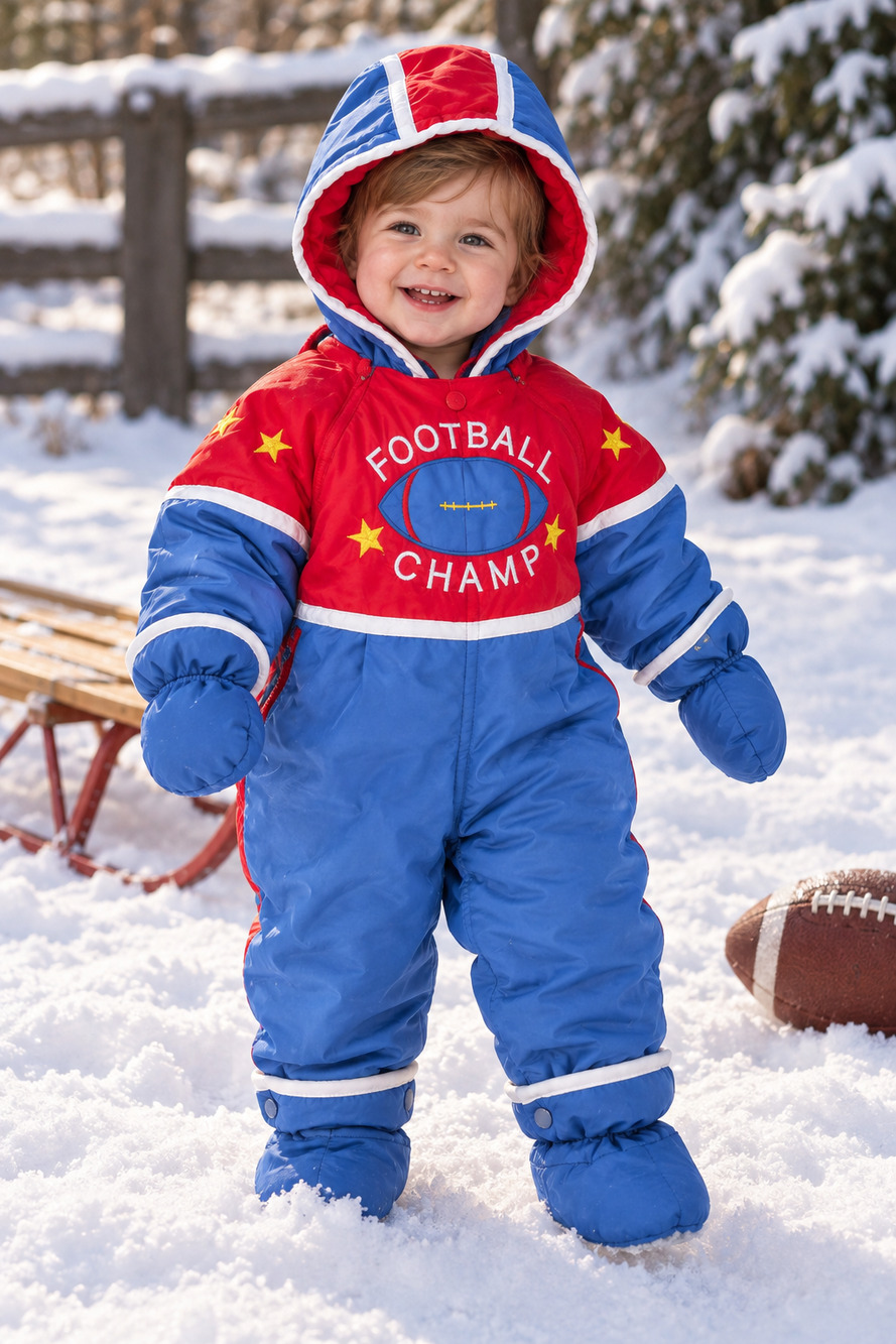 Vintage Quiltex Football Champ Baby Snowsuit | 18M | Red Blue Detachable Mittens